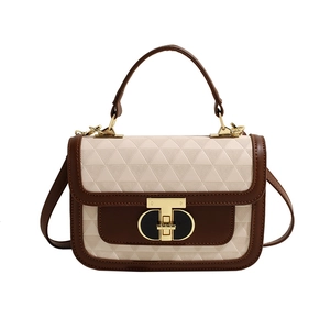 Elegant beige and brown textured small square handbag with golden T-lock and top handle