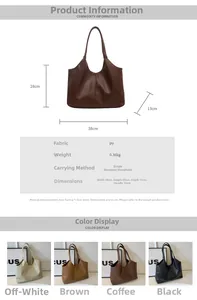 Detailed size chart for large PU leather tote bag showing dimensions and color options