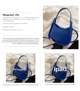Detailed size specifications of Klein blue crescent shoulder bag with iPad capacity comparison