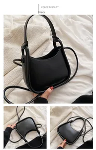 Detailed views of a black half-moon shoulder bag with smooth PU leather and adjustable strap