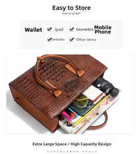 Détail du grand sac cabas marron foncé à motif crocodile avec intérieur spacieux