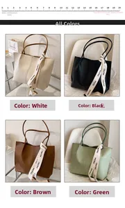 Detail showcasing large capacity tote bags in beige, black, brown and green leather