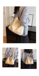 Detailed views of a creamy beige soft leather pleated shoulder bag with minimalist logo