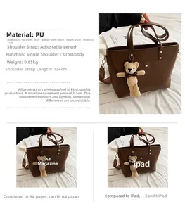 Brown PU tote bag dimensions and capacity comparison with A4 magazine and iPad detail