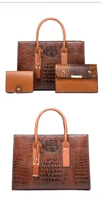 Ensemble trois pièces de sac cabas, portefeuille et pochette marron motif crocodile