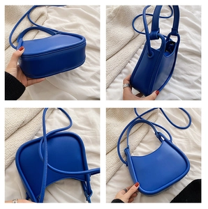 Multi-angle views of blue hobo shoulder bag with matte leather finish and handle details