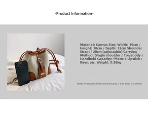 Detail view of canvas bucket bag with size comparison to smartphone and specifications
