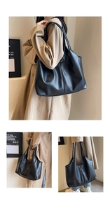 Detail view of black lychee grain tote bag with shoulder straps and spacious design