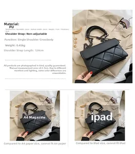 Quilted black PU shoulder bag size comparison with iPad and detailed product dimensions