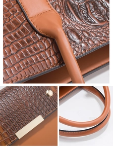 Détails du sac à main marron à motif crocodile avec coutures fines et garniture en métal