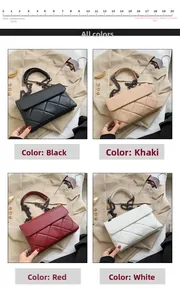 Detailed grid view of quilted chain bags in black, khaki, red, and white finishes