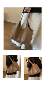 Detailed close-up of brown litchi textured soft leather tote bag showing spacious design