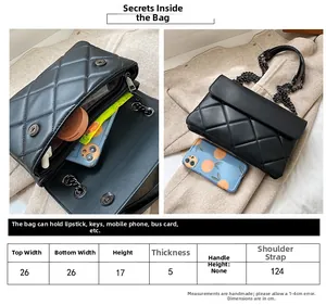 Detailed size chart for the black quilted crossbody bag with precise dimensions and chain strap