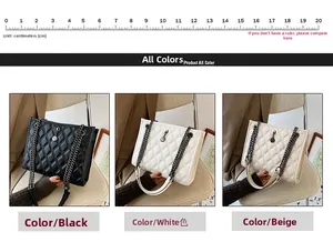 Detailed comparison of quilted shoulder bags in black, white, and beige with chain straps