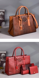 Ensemble de sacs à main trois pièces pour femmes avec texture crocodile marron et rouge