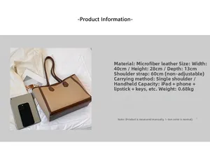 Microfiber leather tote bag size guide with measurements and daily essentials capacity