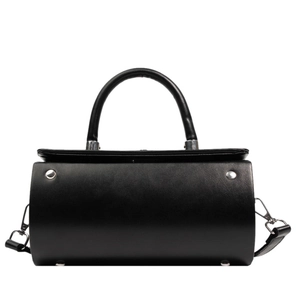 Sac cylindrique minimaliste en cuir noir avec ferrures argentées et poignée supérieure