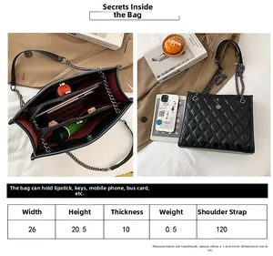 Detailed size chart and internal compartments of a black quilted chain shoulder bag