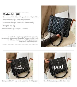 Quilted black PU shoulder bag details showing dimensions and A4 size comparison