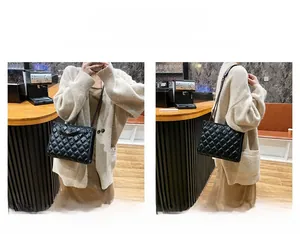 Quilted black leather bag shown in crossbody and shoulder carry modes in a cozy cafe