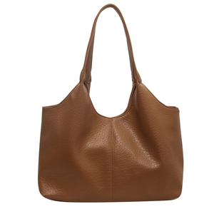 Brown soft leather tote bag with pebble texture and U-shaped minimalist design