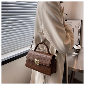 Close-up of brown crocodile texture leather bag with elegant gold square lock buckle