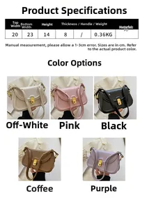 Detailed size chart and multi-color view of stylish PU leather shoulder bags