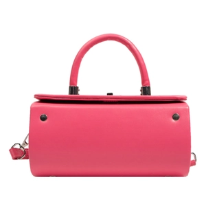 Fashionable rose pink cylinder handbag with top handle and sleek silver metal accents