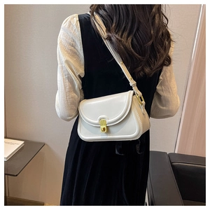 Close-up of white leather handbag featuring a rectangular gold metal twist lock buckle