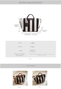 Guide des tailles détaillé pour grand sac fourre-tout rayé en toile avec dimensions précises
