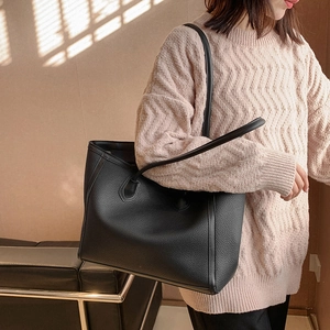 Large black lychee pattern leather tote bag with long handles for women