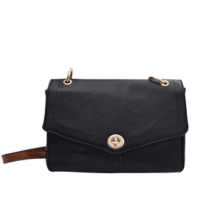 Retro black leather crossbody bag with gold round lock and brown strap on white background