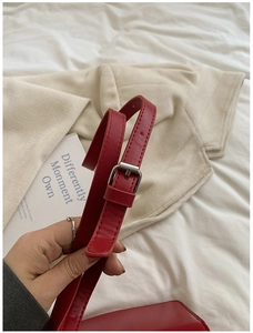 Detail of adjustable red leather shoulder strap with silver metal buckle on saddle bag