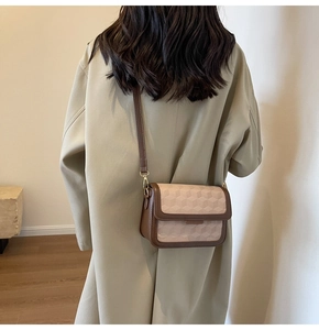 Detail of a brown and beige crossbody bag with geometric texture and golden buckle