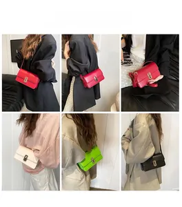 Collage of fashion saddle bags in red, green, black and white shown on a model