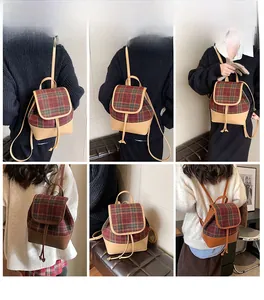 Detailed views of checkered plaid PU leather backpack showing different wearing angles
