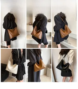 Hobo style PU leather crescent shoulder bags in various colors shown on models