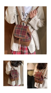 Detail of vintage plaid backpack showing faux leather trim and drawstring closure
