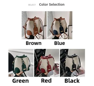 Collection of canvas bucket bags with faux leather trim in five various color combinations