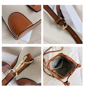Detailed views of the contrast color bucket bag showing golden hardware and stitching