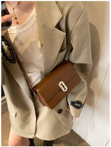 Close-up of brown leather saddle bag featuring a unique silver buckle and dual straps