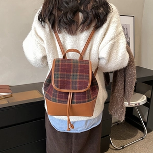 British vintage plaid PU leather patchwork backpack for women's daily commute