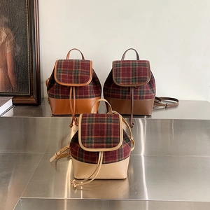 British style plaid PU leather patchwork backpacks in three vintage colors for women