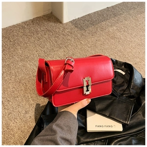 Close-up of red rectangular saddle bag featuring a polished silver H-shaped metal buckle