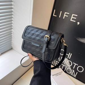 Fashionable black crossbody square bag with luxury geometric embossed leather texture