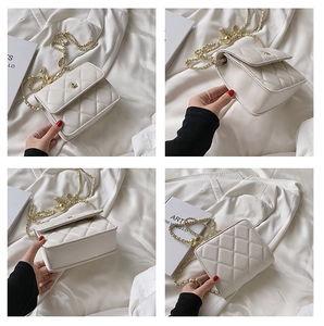 Detailed views of a white quilted crossbody bag with gold floral clasp and chain strap