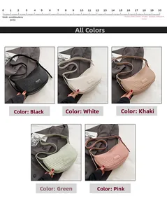 Detailed grid view of pleated half-moon bags in black, white, khaki, green, and pink