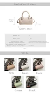 Detailed size specifications and color comparison of the pleated PU leather cylinder bag