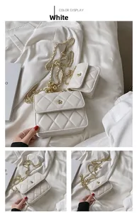 Detailed view of quilted white crossbody bag with gold flower lock and chain strap