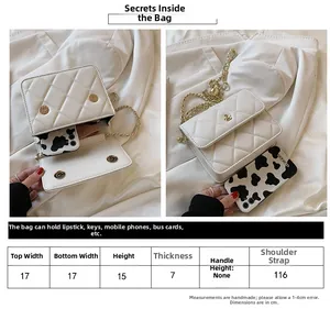 Size chart showing 17x15x7cm dimensions for white quilted chain crossbody bag